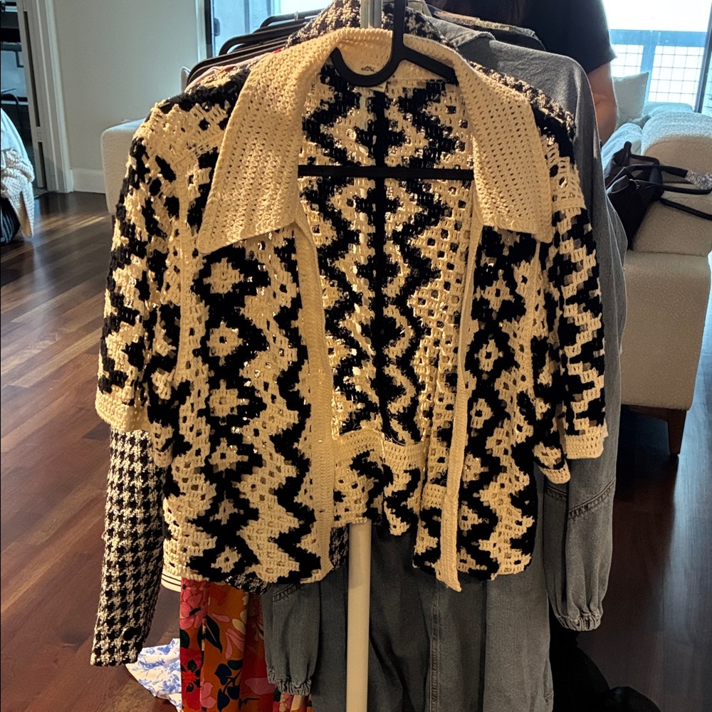 Ultra Pink Cream and Black Crocheted Openwork Sweater Cardigan